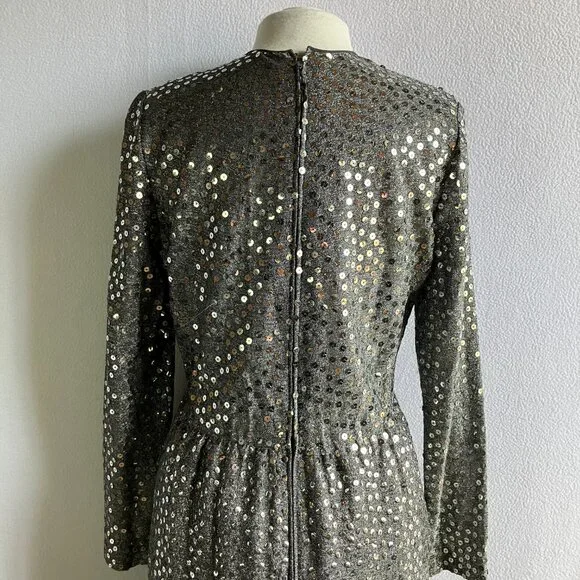 1970s Silver Sequined Modest Long Sleeve Maxi Dress - Picture 3 of 15